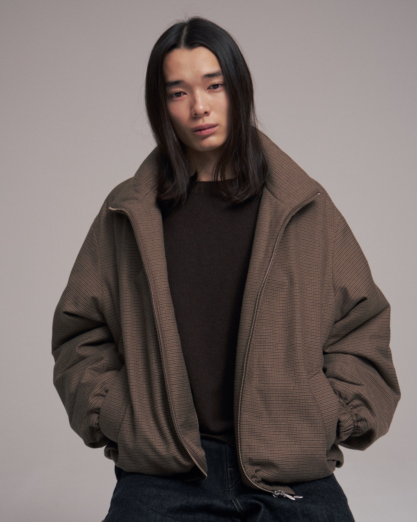 Quilted lining track jacket - Gun club check / Brown