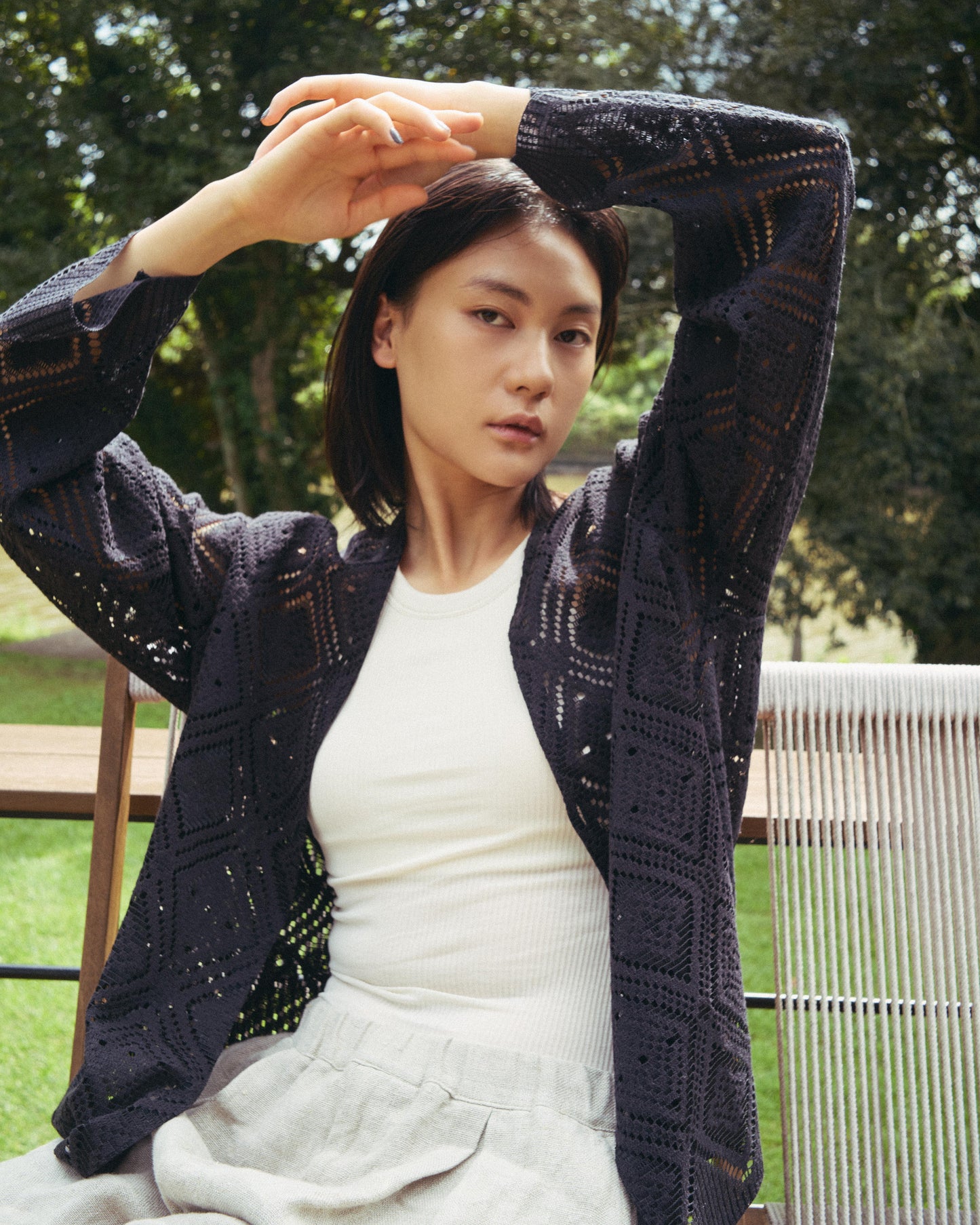 V neck cardigan - Diamond raschel lace / Black