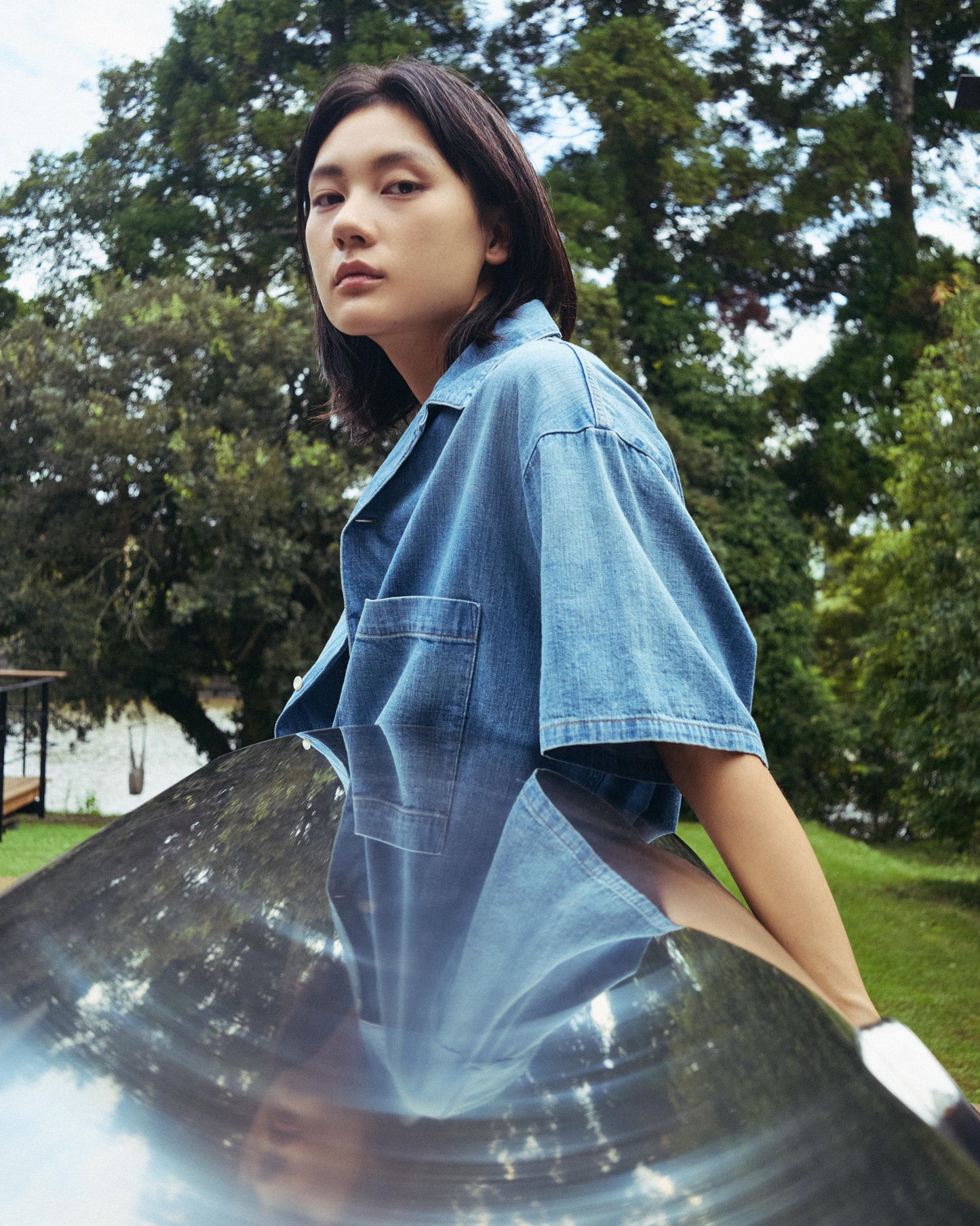 Big open collar S/S shirt - Old vintage wash / Mid indigo - SuperNova. online store