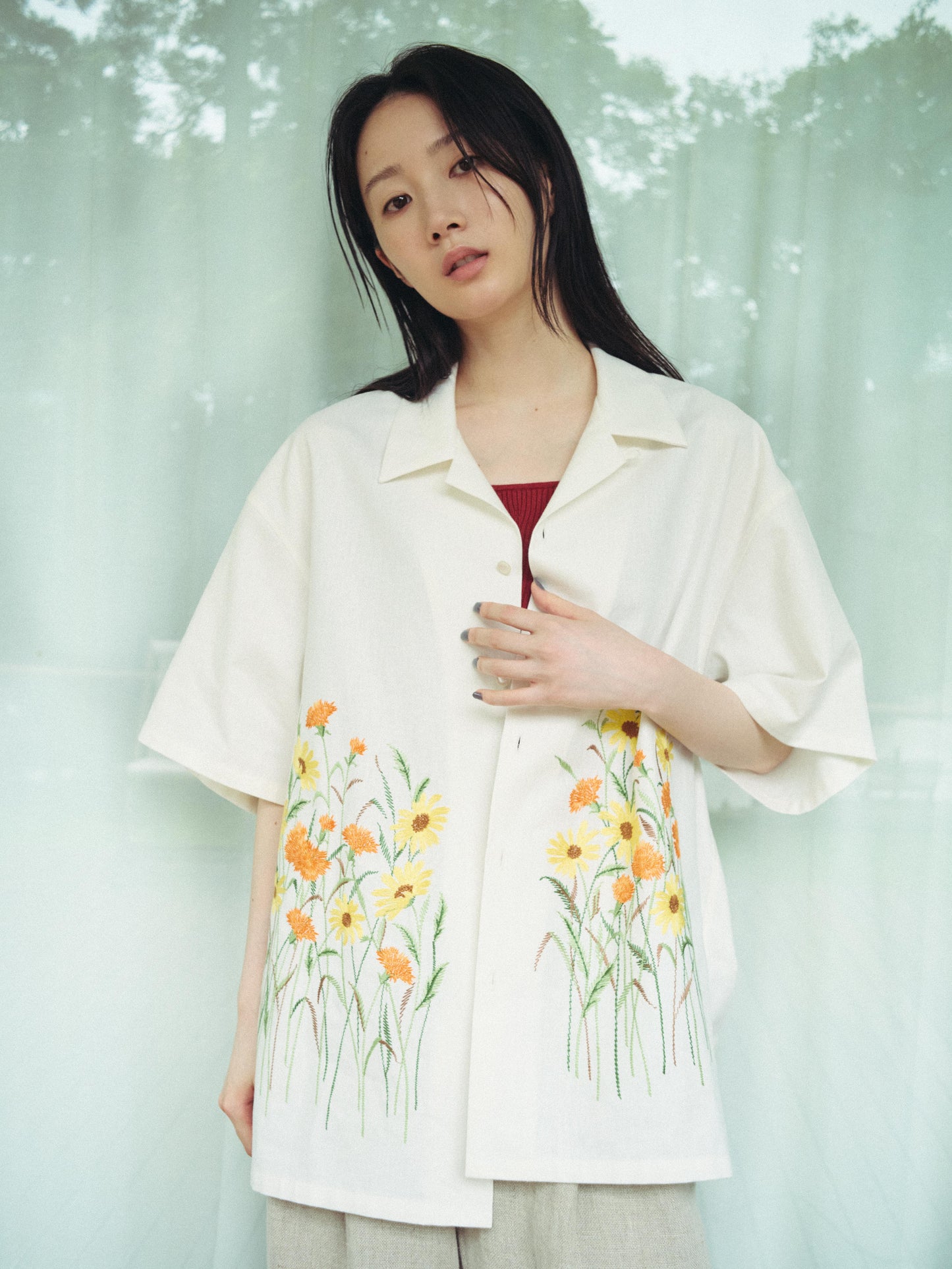 Aloha shirt - Flower garden embroidery / White - SuperNova. online store