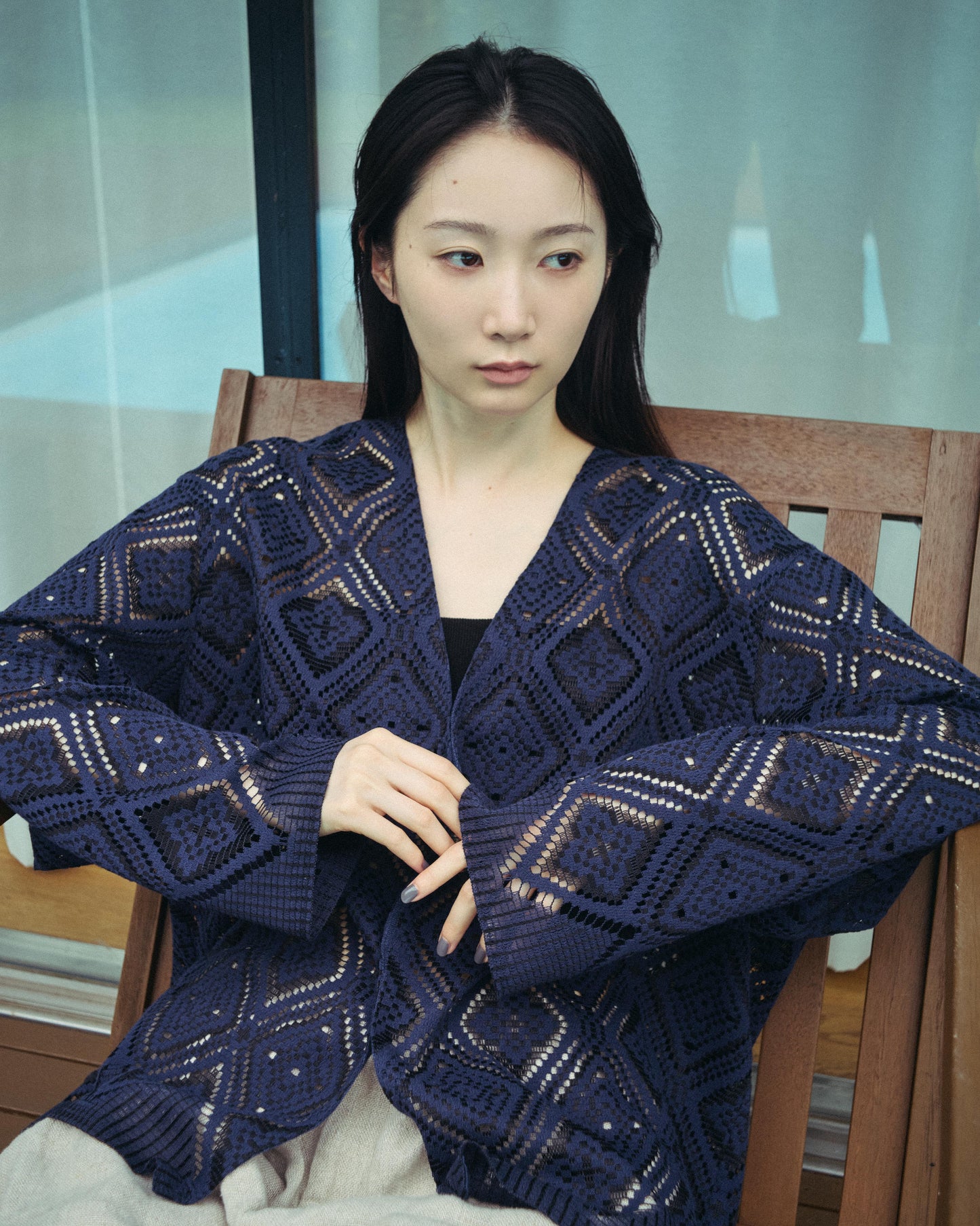 V neck cardigan - Diamond raschel lace / Navy