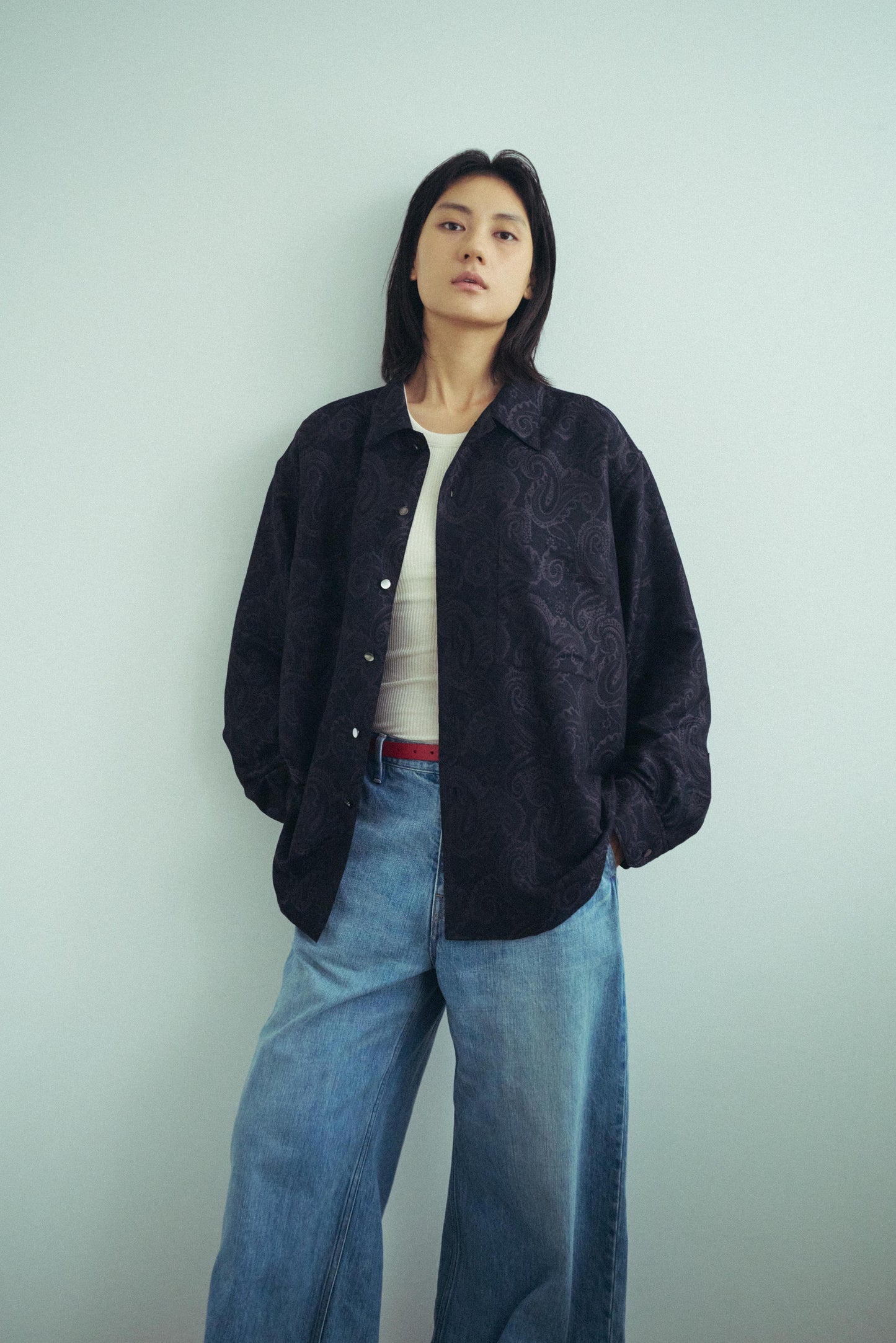 Split yoke big shirt - Paisley jacquard / Black x Navy