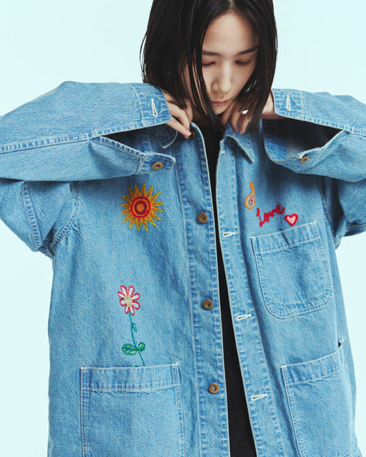 Embroidered coverall jacket - 9.5oz denim / Light indigo