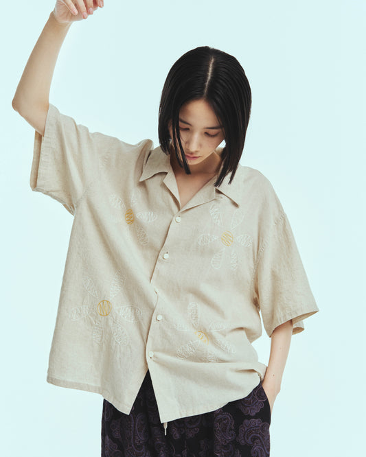 Aloha shirt - Big flowers embroidery / Natural