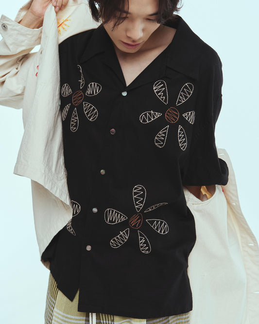 Aloha shirt - Big flowers embroidery / Black
