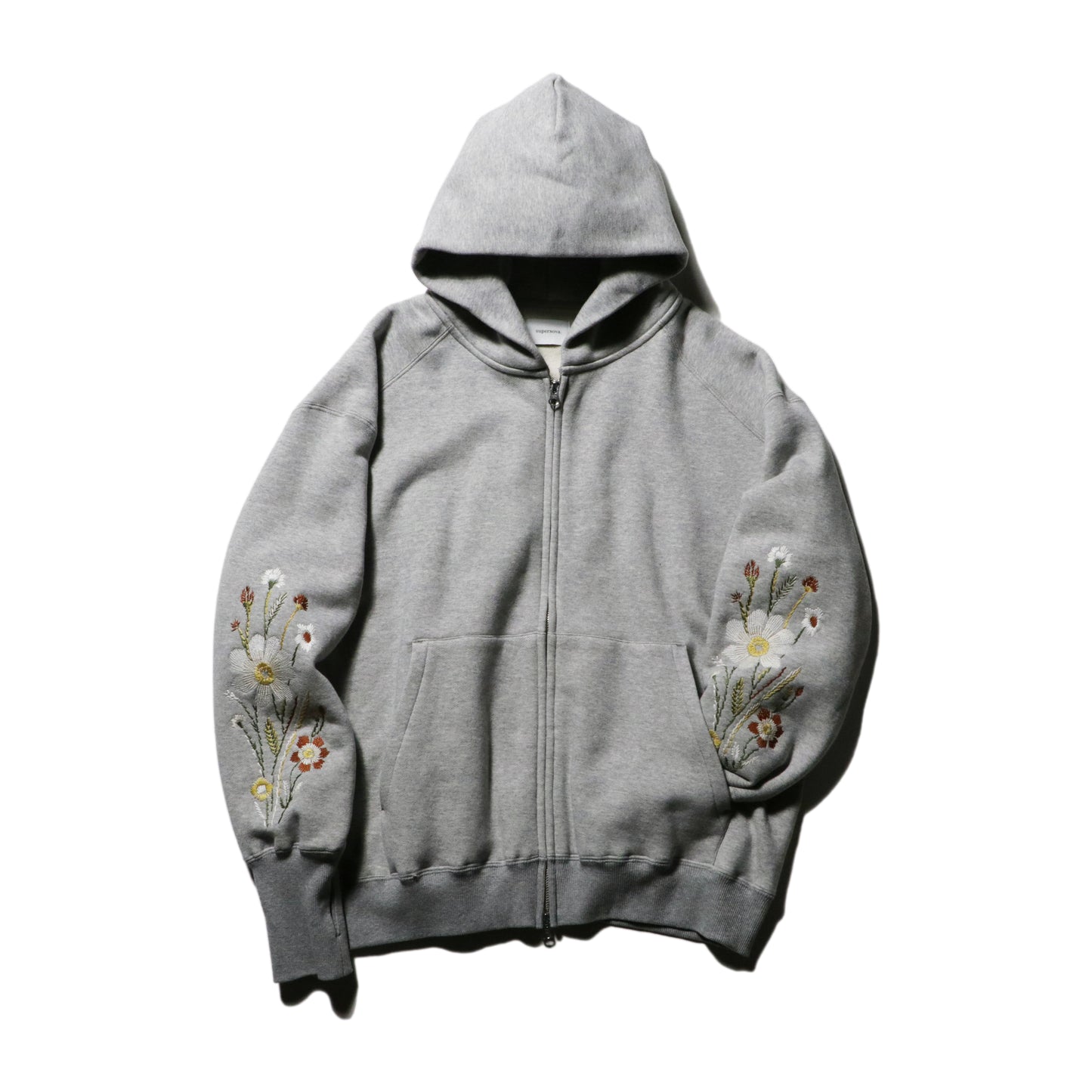 Embroidered Oversized Jacquard Sweat Zip Hoodie / Gray