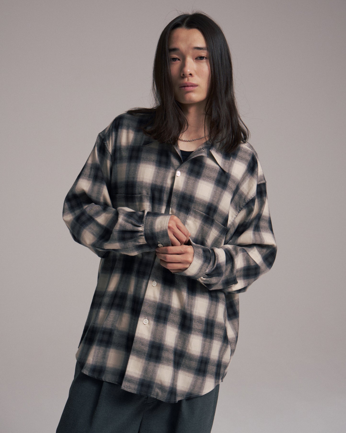 Split yoke big shirt - Ombre check / Gray x Natural