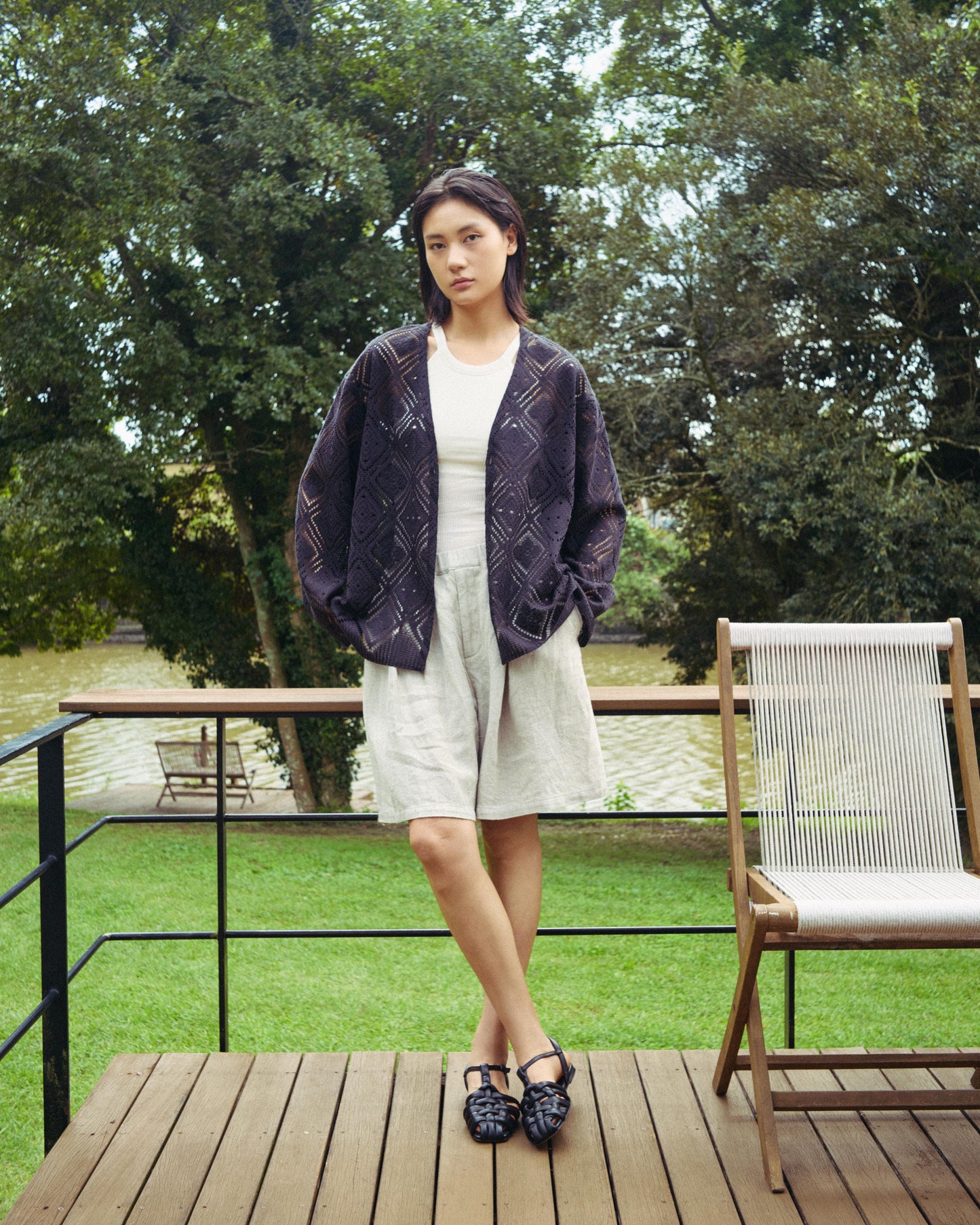 V neck cardigan - Diamond raschel lace / Black