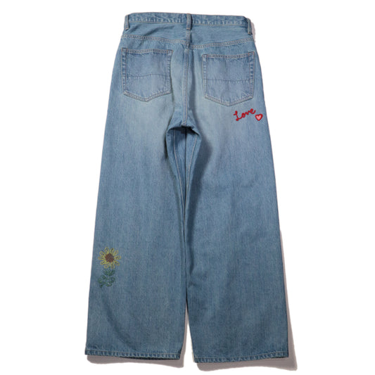 Embroidered wide selvedge jeans - Old vintage wash / Light indigo