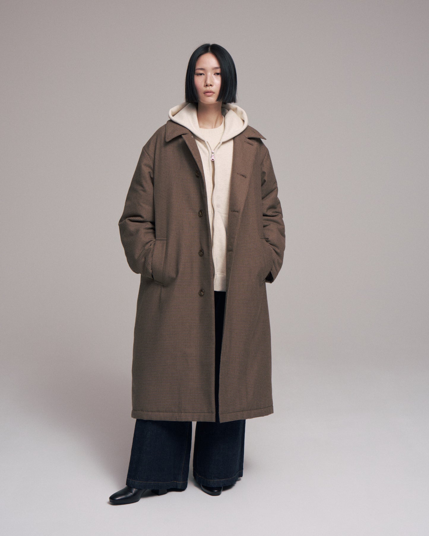 Quilted lining bal collar coat - Gun club check / Brown
