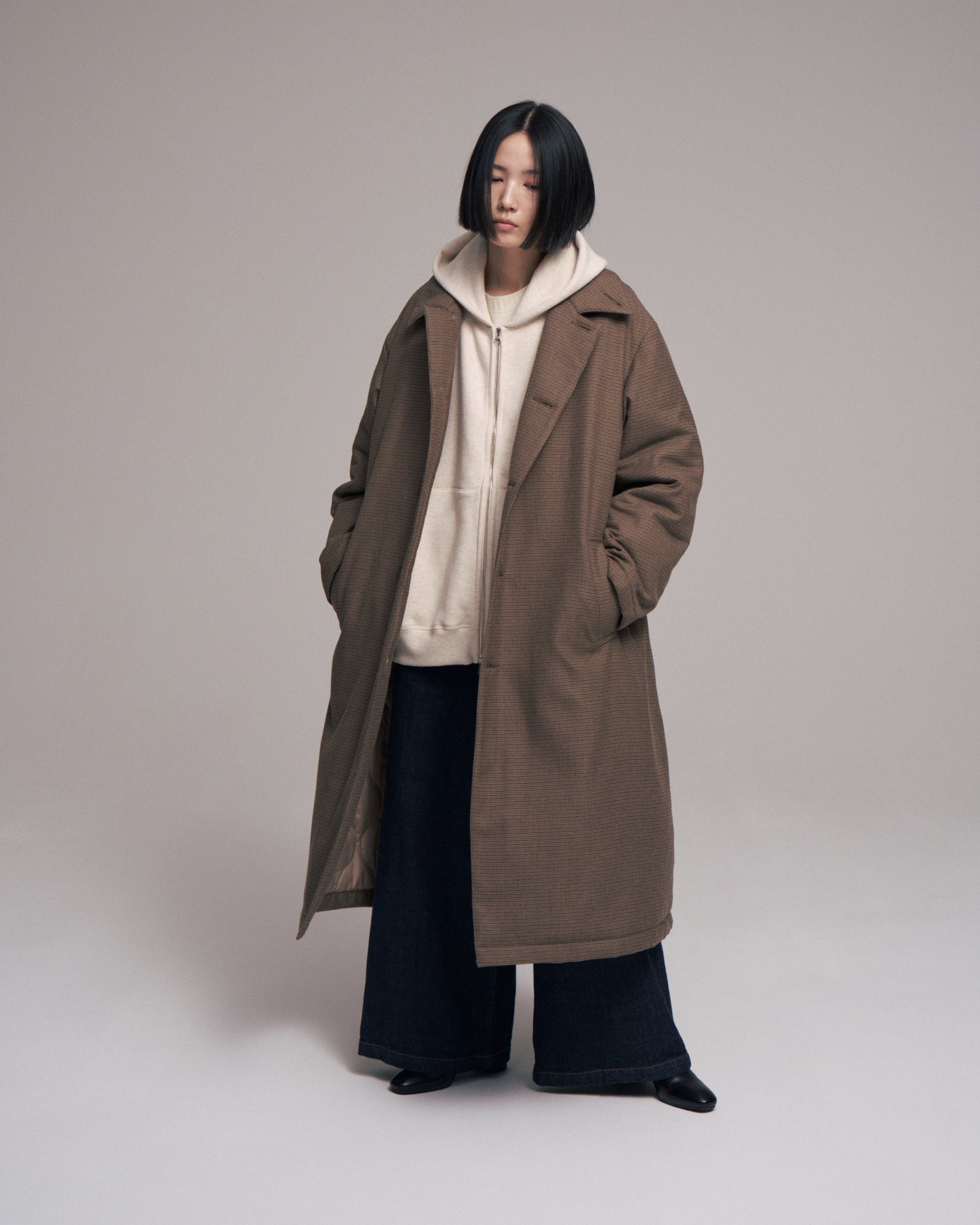 Quilted lining bal collar coat - Gun club check / Brown