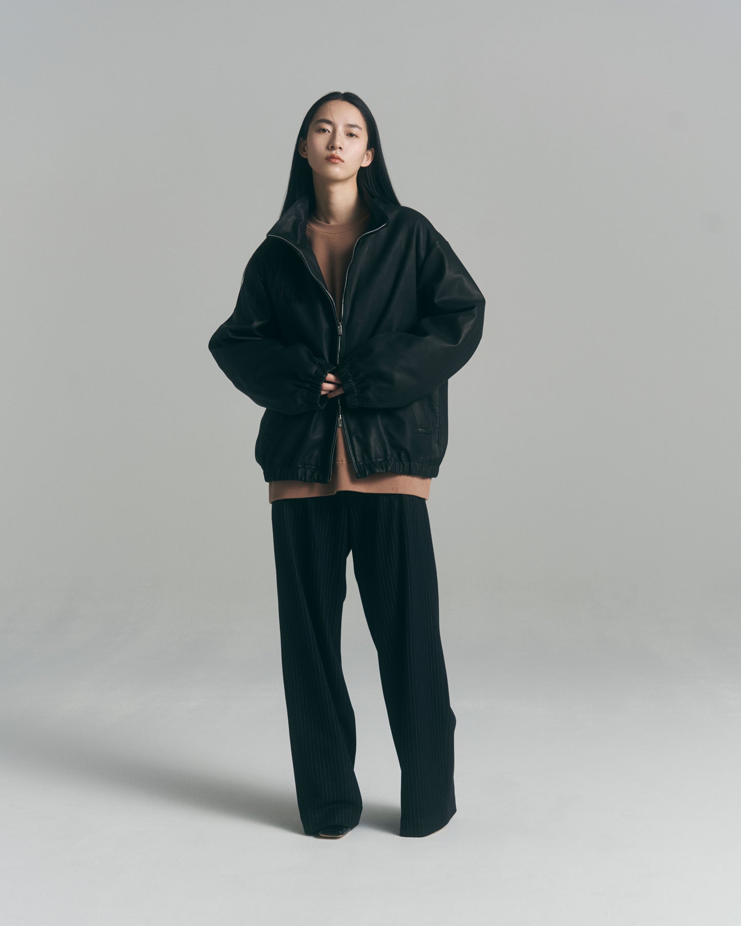 Wide Chalk Stripe Utility Trousers / Black