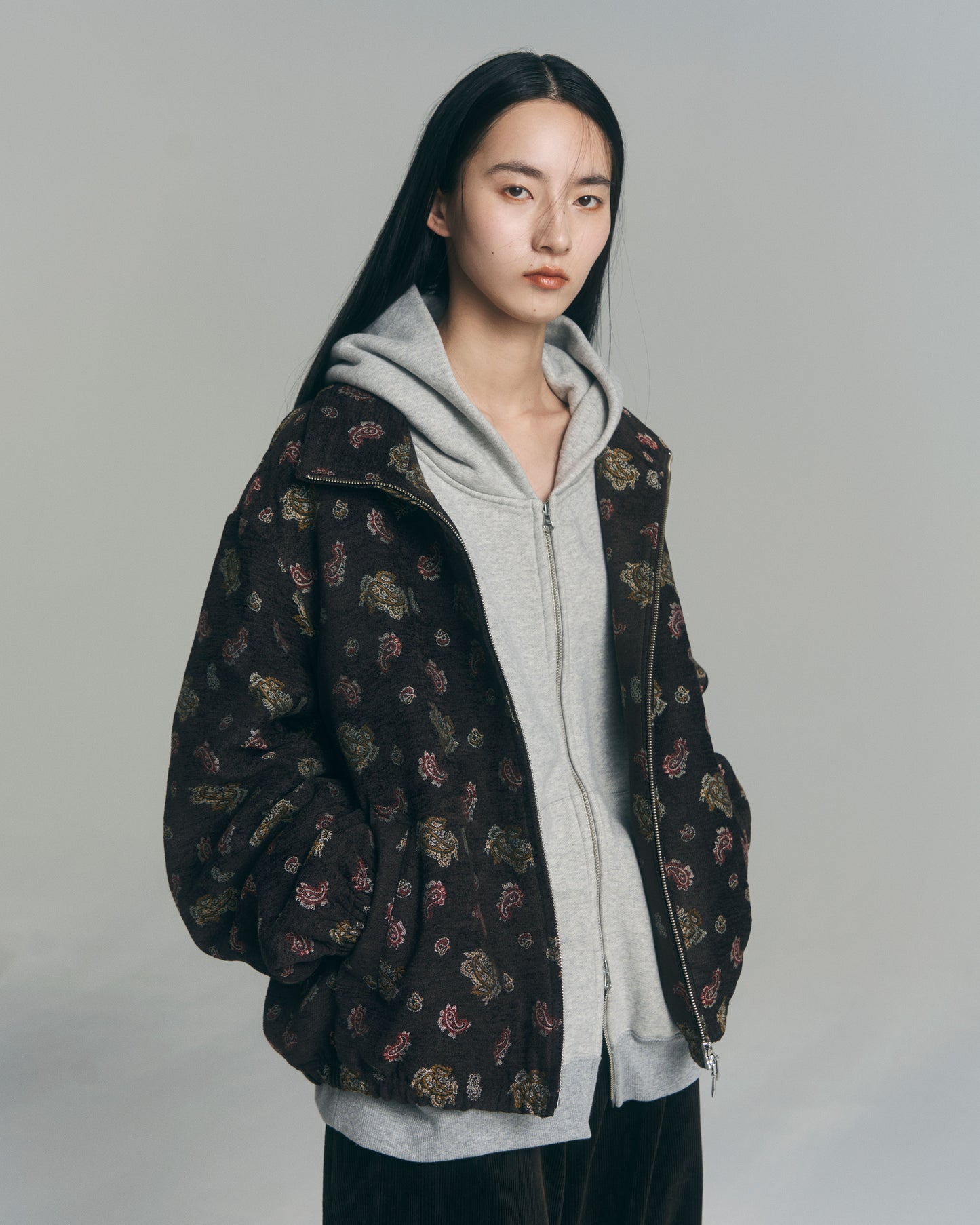 Oversized Jacquard Sweat Zip Hoodie / Gray