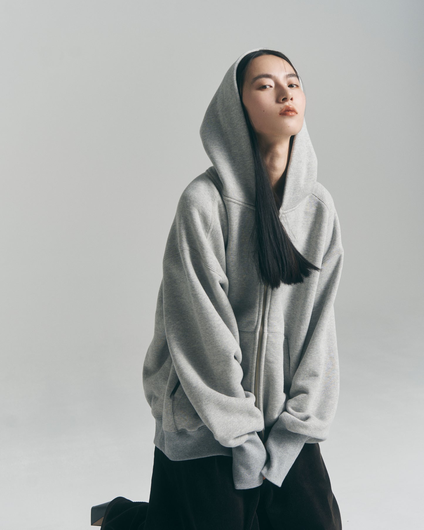 Oversized Jacquard Sweat Zip Hoodie / Gray