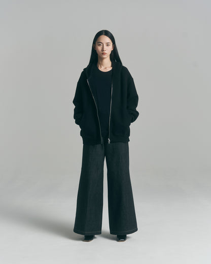 Oversized Jacquard Sweat Zip Hoodie / Black