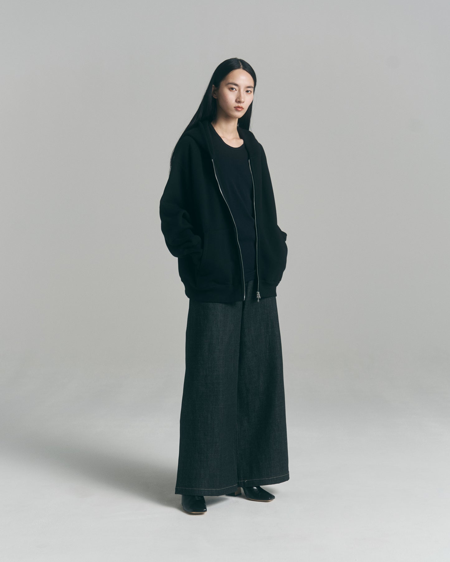 Oversized Jacquard Sweat Zip Hoodie / Black