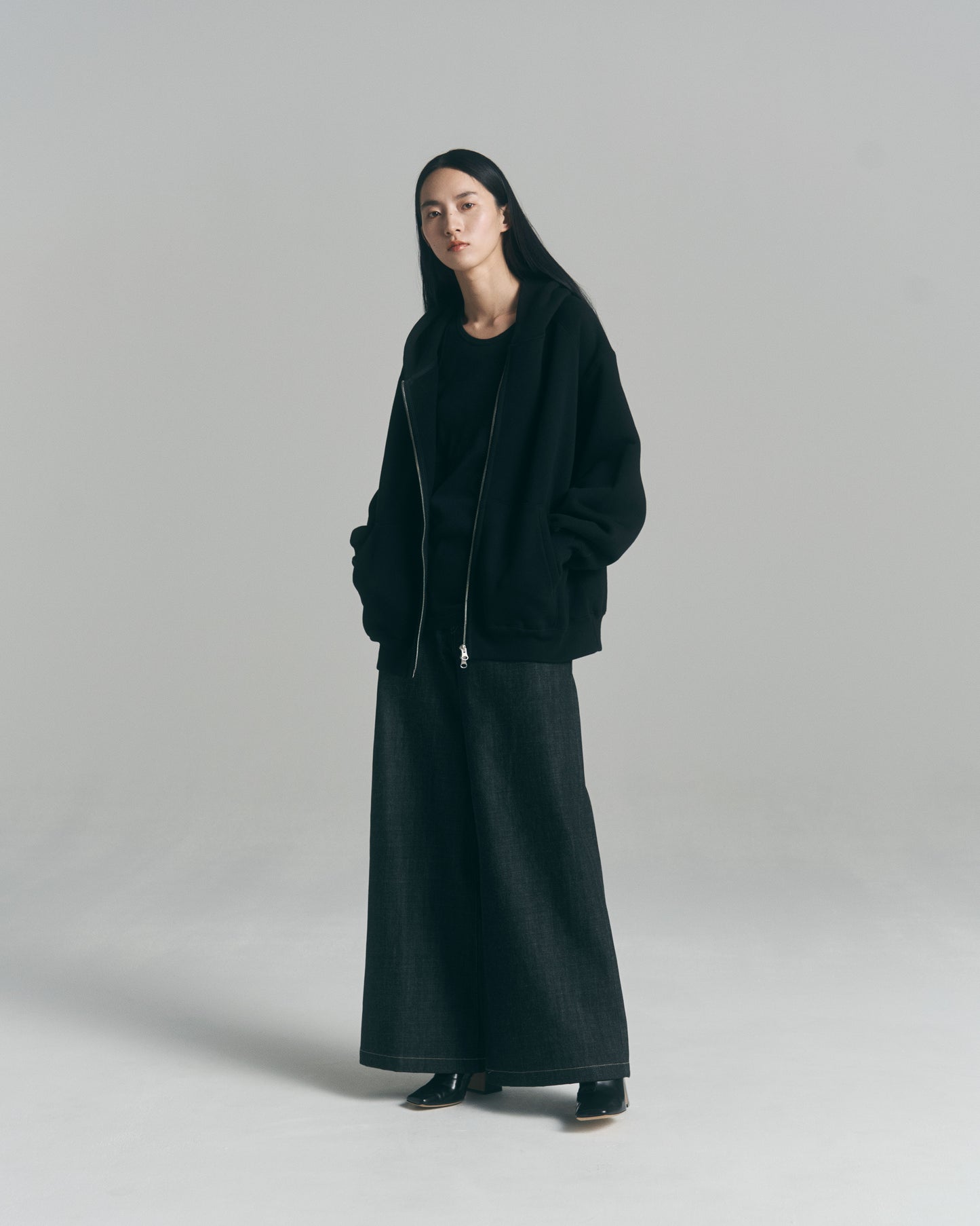 Oversized Jacquard Sweat Zip Hoodie / Black