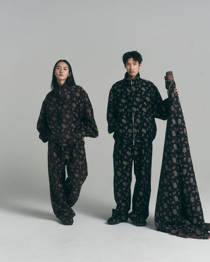 Velvet Jacquard Wide Utility Trousers / Black Paisley