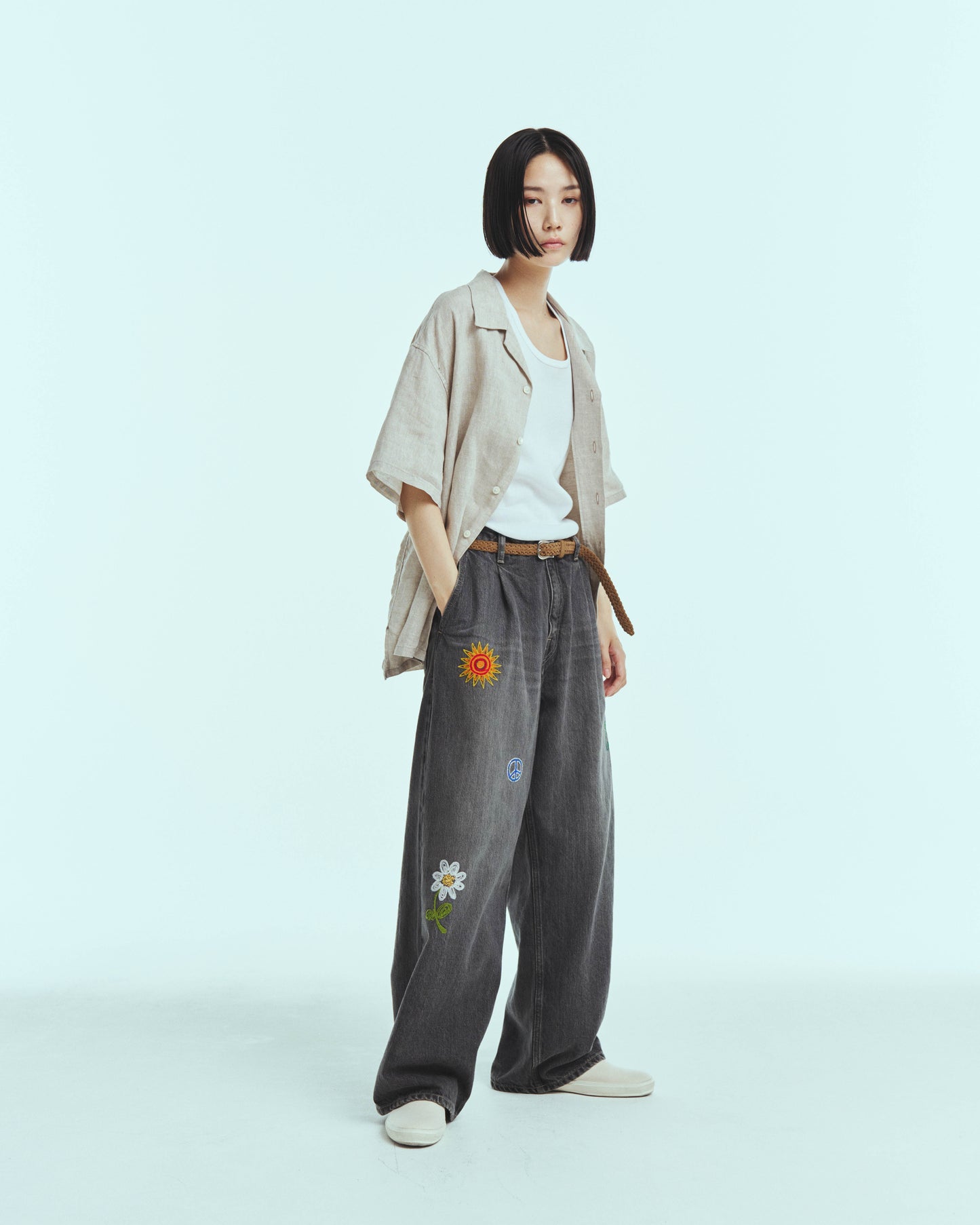 Embroidered wide selvedge jeans - Old vintage wash / Mid Black