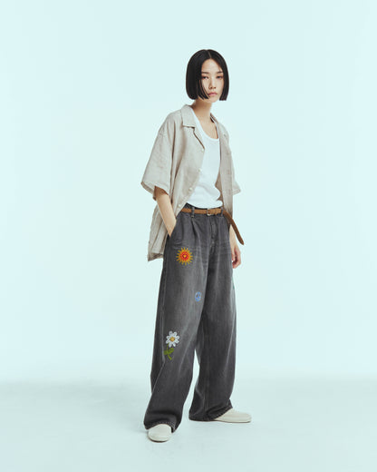 Embroidered wide selvedge jeans - Old vintage wash / Mid Black