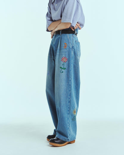 Embroidered wide selvedge jeans - Old vintage wash / Light indigo