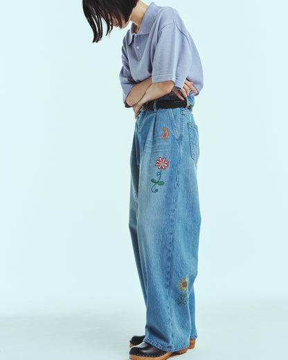 Embroidered wide selvedge jeans - Old vintage wash / Light indigo