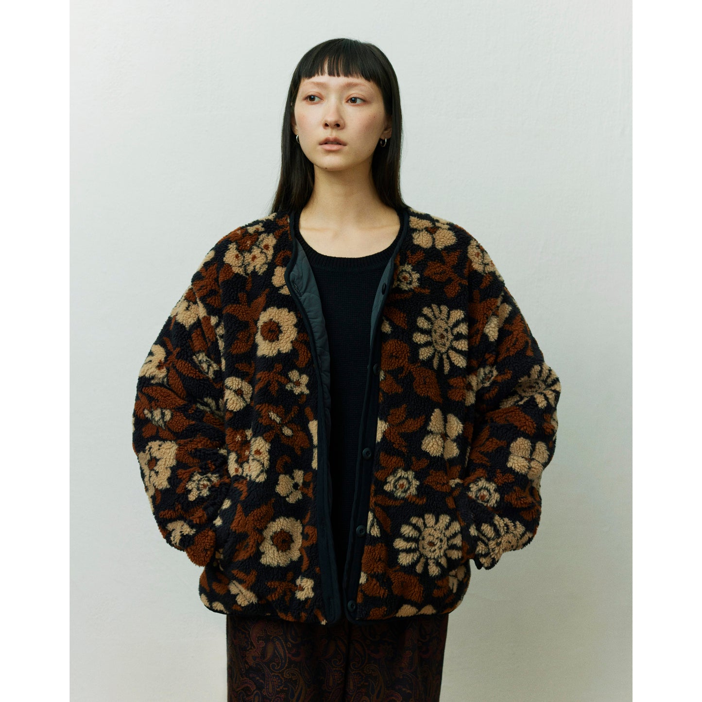 Reversible lining jacket - Jacquard boa / Black flower camo