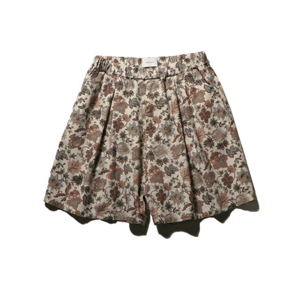 Box pleats wide shorts - Flower print / Natural
