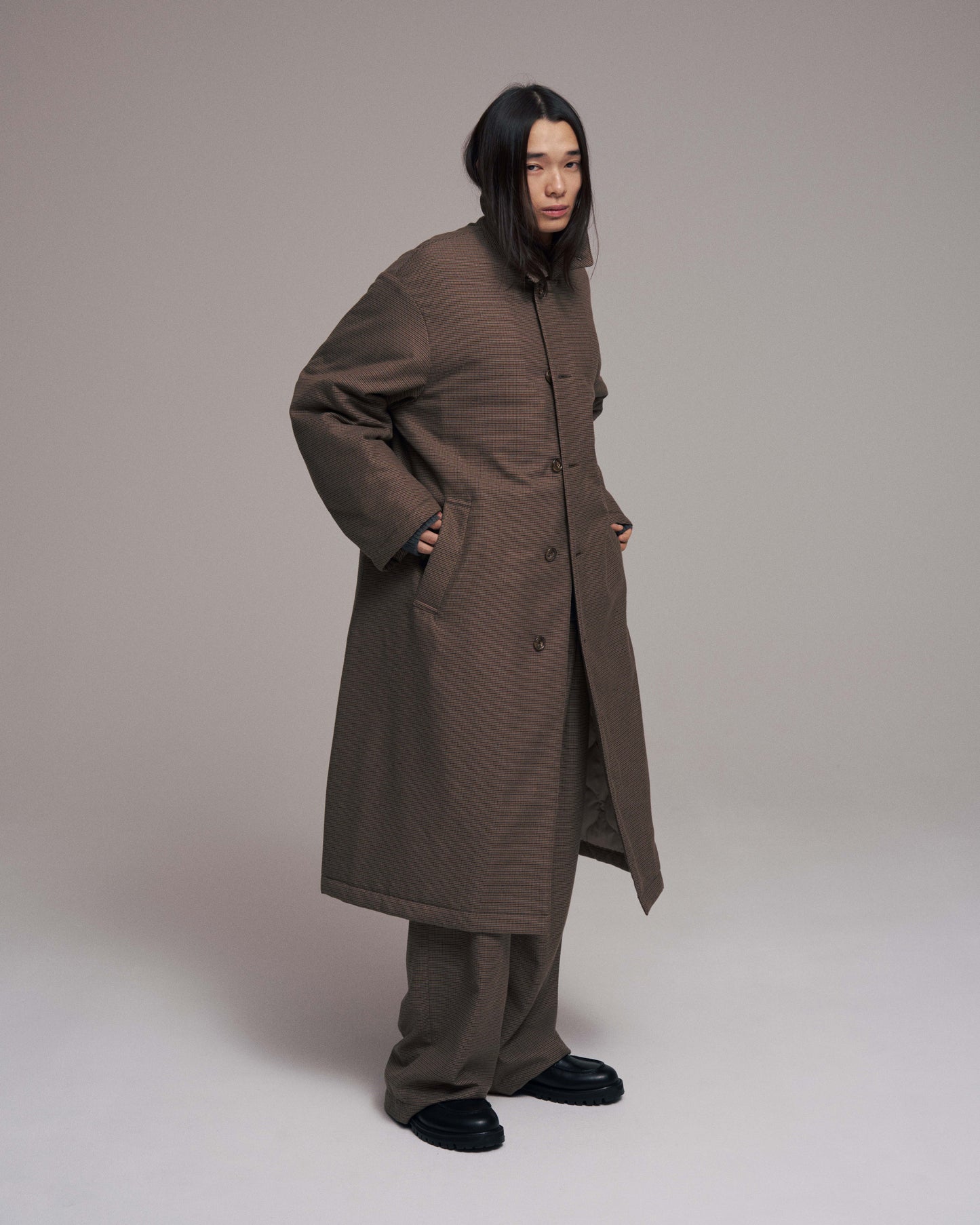 Quilted lining bal collar coat - Gun club check / Brown