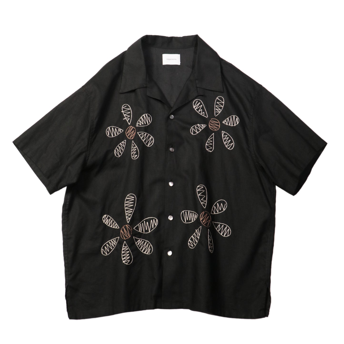 Aloha shirt - Big flowers embroidery / Black