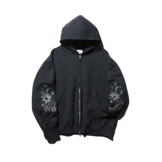 Embroidered Oversized Jacquard Sweat Zip Hoodie / Black