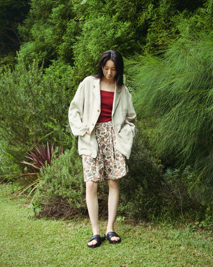 Box pleats wide shorts - Flower print / Natural
