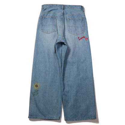 Embroidered wide selvedge jeans - Old vintage wash / Light indigo