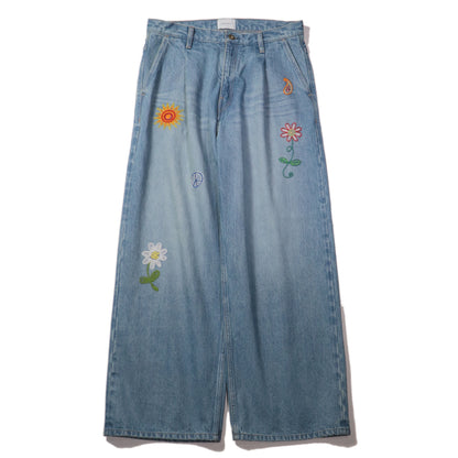 Embroidered wide selvedge jeans - Old vintage wash / Light indigo