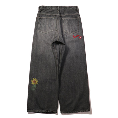 Embroidered wide selvedge jeans - Old vintage wash / Mid Black