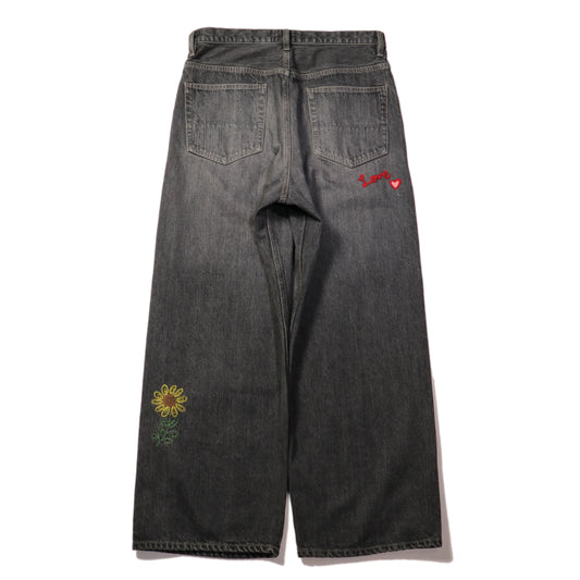 Embroidered wide selvedge jeans - Old vintage wash / Mid Black
