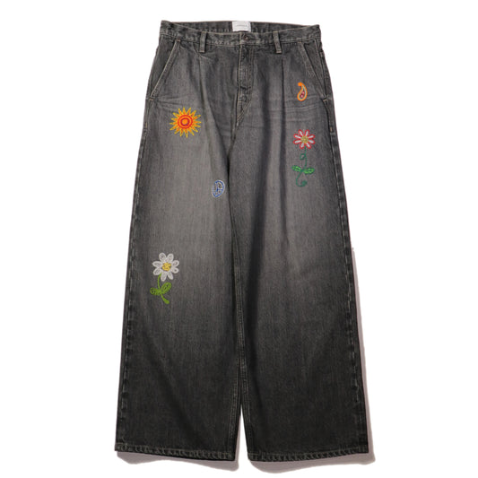 Embroidered wide selvedge jeans - Old vintage wash / Mid Black